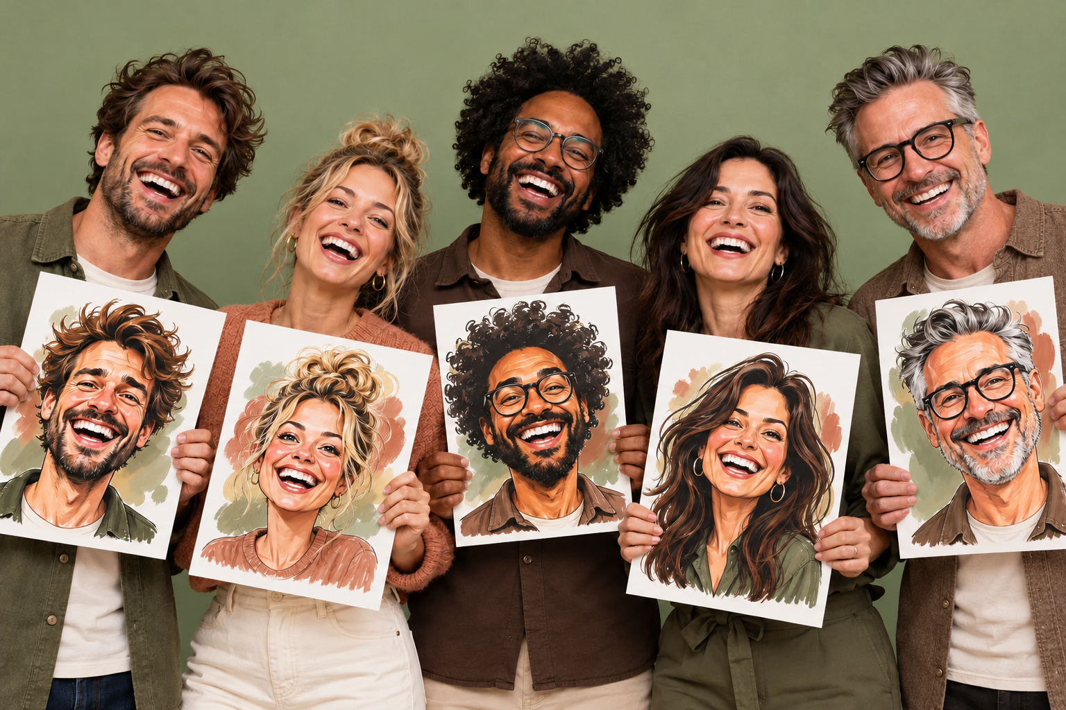 Vijf lachende collega’s met hun eigen karikatuur op een print